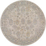 Close-up of round Coby Sage Avant Garde rug. Oriental pattern in brown, charcoal, sage, and teal. Luxe texture. Design-Round-53