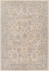 Close-up of the Coby Sage Avant Garde rug. Machine-woven polyester rug with oriental-inspired design in brown, sage, teal, and gray. Design-Rectangle-575