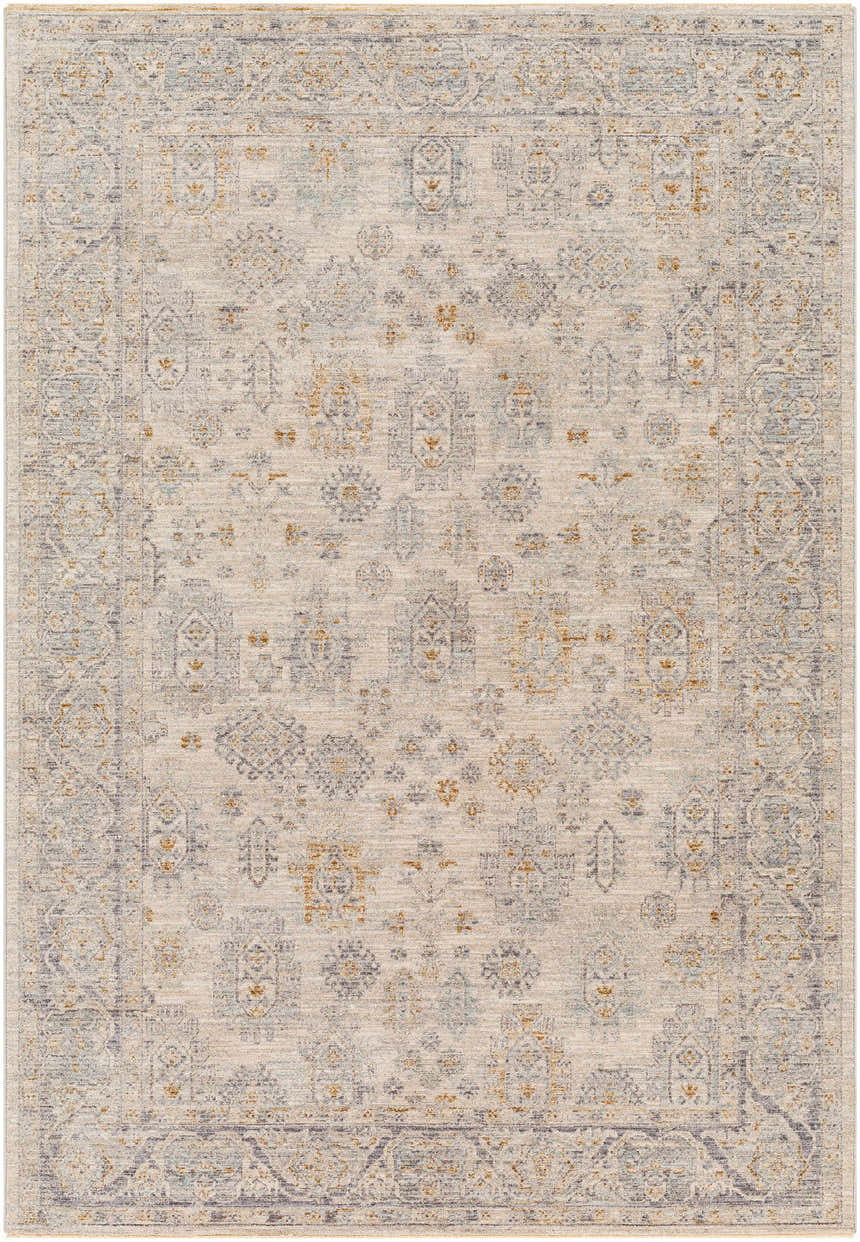 Close-up of the Coby Sage Avant Garde rug. Machine-woven polyester rug with oriental-inspired design in brown, sage, teal, and gray. Design-Rectangle-575