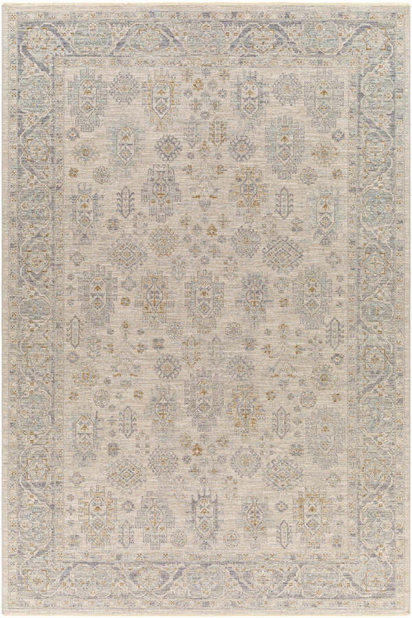 Close-up of the Coby Sage Avant Garde rug. Features traditional patterns in brown, charcoal, sage, and teal on a light background. Design-Rectangle-6796