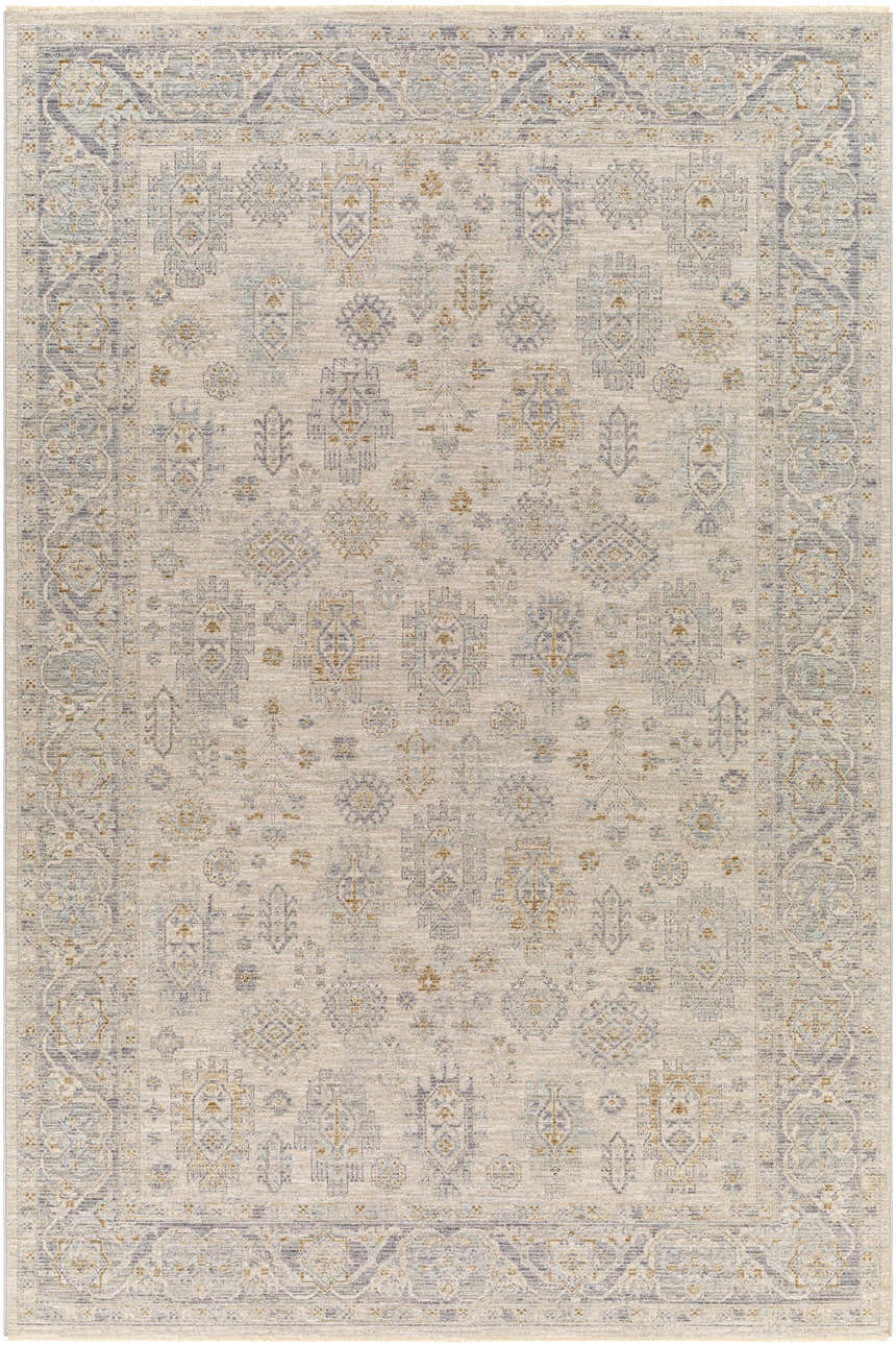 Close-up of the Coby Sage Avant Garde rug. Features traditional patterns in brown, charcoal, sage, and teal on a light background. Design-Rectangle-6796