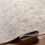 Close-up of the Coby Sage Avant Garde rug showing its traditional pattern, luxe texture, and colors: sage, brown, gray, and teal. Fold