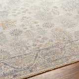 Close-up of the Coby Sage Avant Garde rug. Luxe texture with brown, charcoal, and sage traditional pattern. Texture
