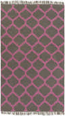 Close-up of Fedora Area Rug with dark brown background and pink quatrefoil pattern. Hand woven rug with fringe. Design-Rectangle-58