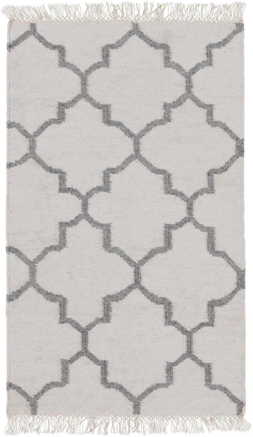 Close-up of the Fellsmere Area Rug. Hand-woven wool rug in ivory and charcoal with a geometric trellis pattern and fringed edges. Design-Rectangle-23