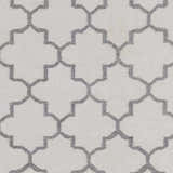 Close-up of the Fellsmere Area Rug; charcoal quatrefoil pattern on ivory wool. Hand-woven texture. Swatch