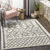 Living room scene with pink chair and charcoal and cream Fenstanton Area Rug. Contemporary shag rug. Roomscene-Rectangle