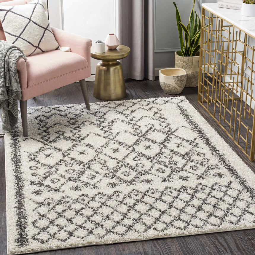 Living room scene with pink chair and charcoal and cream Fenstanton Area Rug. Contemporary shag rug. Roomscene-Rectangle