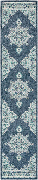 Close-up of the Ferron Area Rug. Navy rug with pale blue, teal, and white traditional oriental pattern. Design-Runner-23119