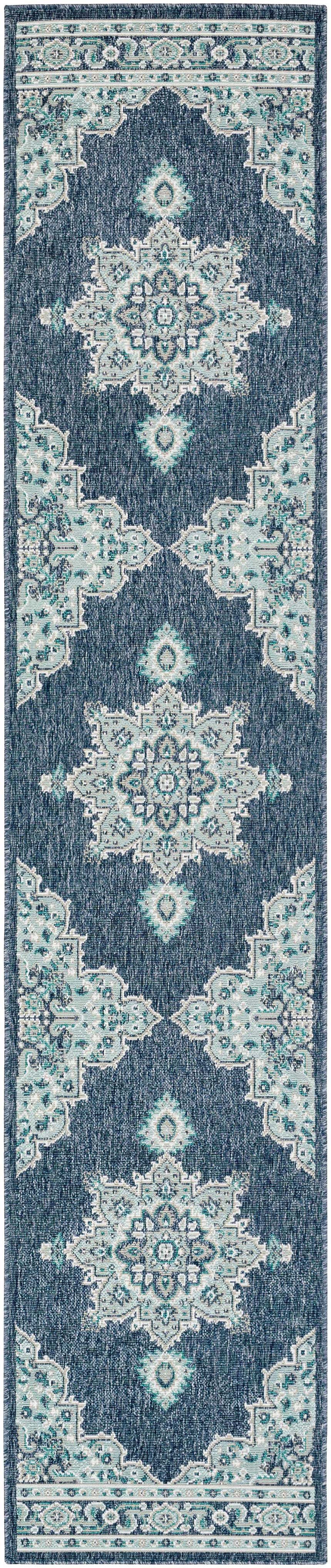 Close-up of the Ferron Area Rug. Navy rug with pale blue, teal, and white traditional oriental pattern. Design-Runner-23119