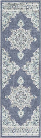 Close-up of the Ferron Area Rug. Navy olefin rug with pale blue, taupe, teal, and white traditional-style medallion pattern. Design-Runner-2379