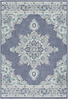 Close-up of the Ferron Area Rug. Navy olefin rug with pale blue, taupe, teal, and white traditional floral pattern. Design-Rectangle-537