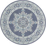 Close-up of the round Ferron Area Rug. Navy, pale blue, taupe, and white oriental rug pattern. Design-Round-73