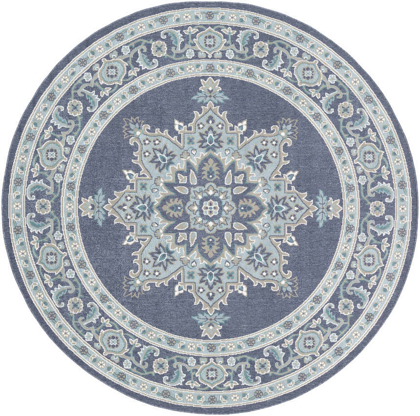 Close-up of the round Ferron Area Rug. Navy, pale blue, taupe, and white oriental rug pattern. Design-Round-73