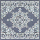 Detailed Ferron Area Rug in navy, pale blue, taupe, and teal. Features a central medallion and floral border. Design-Square-3