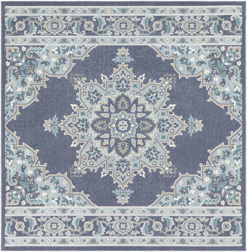 Detailed Ferron Area Rug in navy, pale blue, taupe, and teal. Features a central medallion and floral border. Design-Square-3