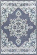 Detailed Ferron Area Rug with a navy background and pale blue, taupe, and teal floral medallion pattern. Design-Rectangle-76109