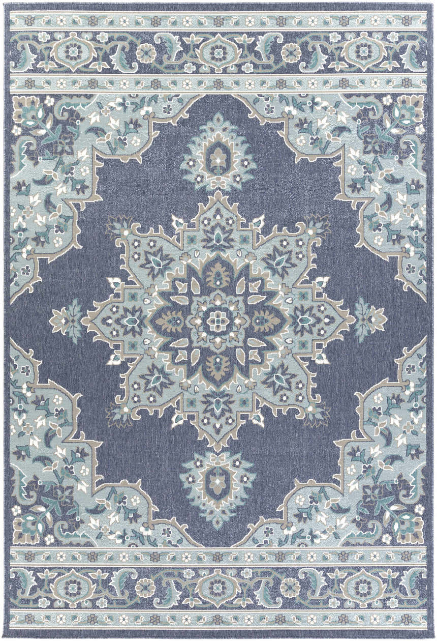 Detailed Ferron Area Rug with a navy background and pale blue, taupe, and teal floral medallion pattern. Design-Rectangle-76109