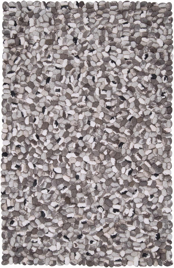 Close-up of the hand woven Fillmore Area Carpet. Black, charcoal, cream, and gray wool pebbles create a contemporary design. Design-Rectangle-58