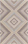 Top-down view of the Fischer Area Carpet, a hand-woven wool rug with a geometric diamond pattern in charcoal, gray, and taupe. Design-Rectangle-576