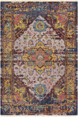 Close-up of the Flagtown Area Rug. Hand-knotted wool rug in blue, burgundy, coral, and gray with a traditional Oriental pattern. Design-Rectangle-69