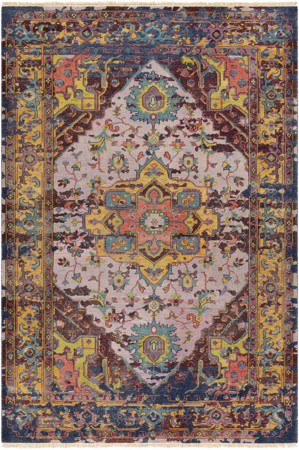 Close-up of the Flagtown Area Rug. Hand-knotted wool rug in blue, burgundy, coral, and gray with a traditional Oriental pattern. Design-Rectangle-69