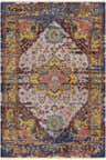 Close-up of the Flagtown Area Rug. Hand-knotted wool rug in blue, burgundy, coral, and gray with a traditional Oriental pattern. Design-Rectangle-69