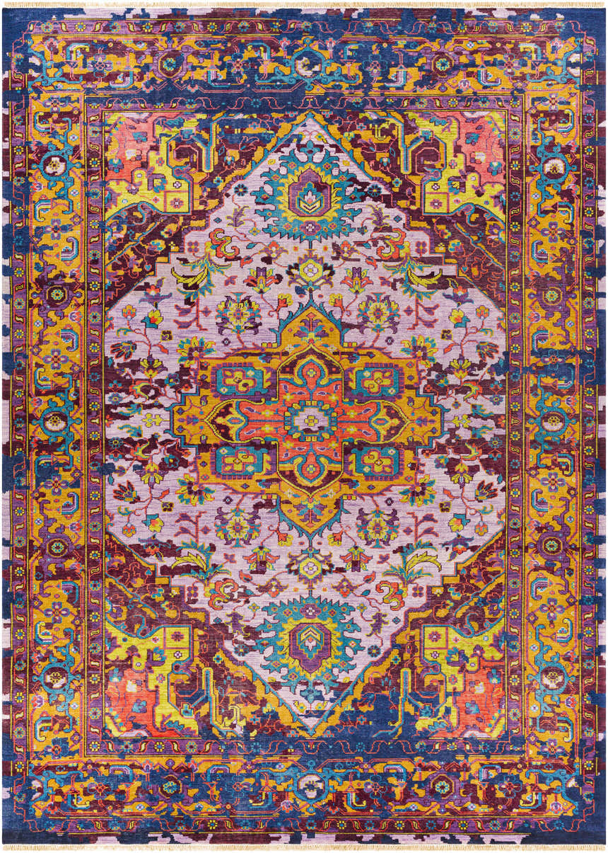 Detailed Flagtown Area Rug: a hand-knotted, traditional rug with blue, coral, and gold tones. Bohemian, vintage style. Design-Rectangle-811