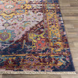 Close-up of the hand-knotted Flagtown Area Rug. Bohemian style with blue, coral, purple, and mustard colors. 100% wool texture. Front