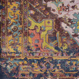Close-up of the hand-knotted Flagtown Area Rug. Traditional design with blue, burgundy, coral, and olive colors. 100% wool texture. Swatch