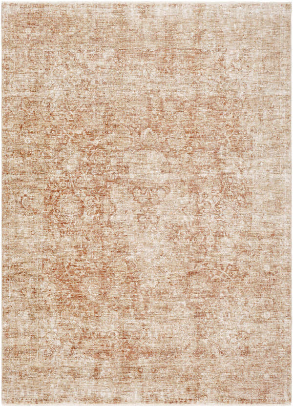 Close-up of the Fieldale Carpet - Clearance. Features a vintage, distressed pattern in brick red, gold, mustard, and white. Design-Rectangle-582