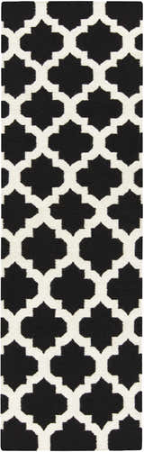 Close-up of the Fleetville Area Rug. Black geometric quatrefoil pattern on an ivory, hand-woven wool rug. Design-Runner-268