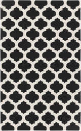 Close-up of the Fleetville Area Rug, a hand-woven wool rug with a black and ivory geometric Moroccan trellis pattern. Design-Rectangle-58