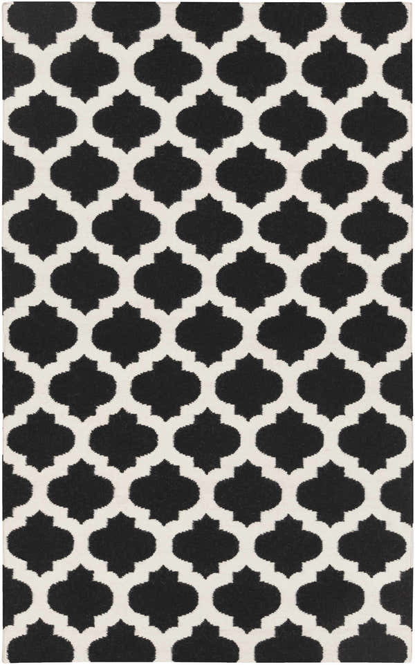 Close-up of the Fleetville Area Rug, a hand-woven wool rug with a black and ivory geometric Moroccan trellis pattern. Design-Rectangle-58