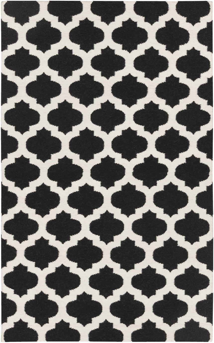 Close-up of the Fleetville Area Rug, a hand-woven wool rug with a black and ivory geometric Moroccan trellis pattern. Design-Rectangle-58
