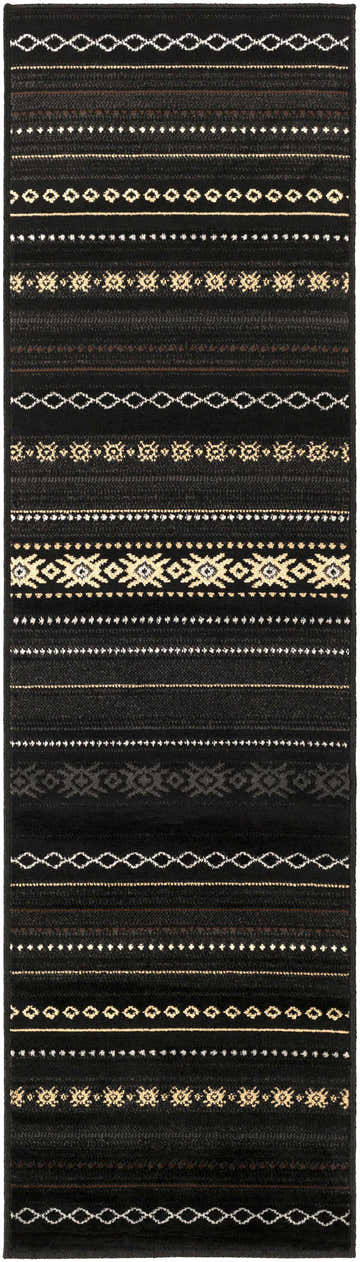 Close-up of Fogertown Black Western Rug. Features Southwestern-inspired geometric patterns in black, beige, and tan. Design-Runner