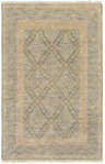 Overhead shot of a Fogelsville Area Rug, a traditional hand-knotted rug in beige, denim, light brown, and sage. Design-Rectangle-5686