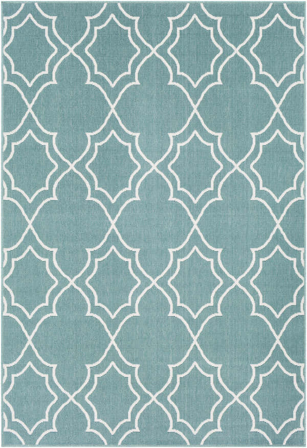 Close-up of Folsom Area Rug showing teal olefin with a white quatrefoil pattern. Design-Rectangle-5376