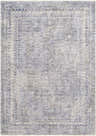 Close-up of Foley Carved Statement Rug. Machine-woven polyester rug in blue, sage, and gray with a traditional pattern. Design-Rectangle-582