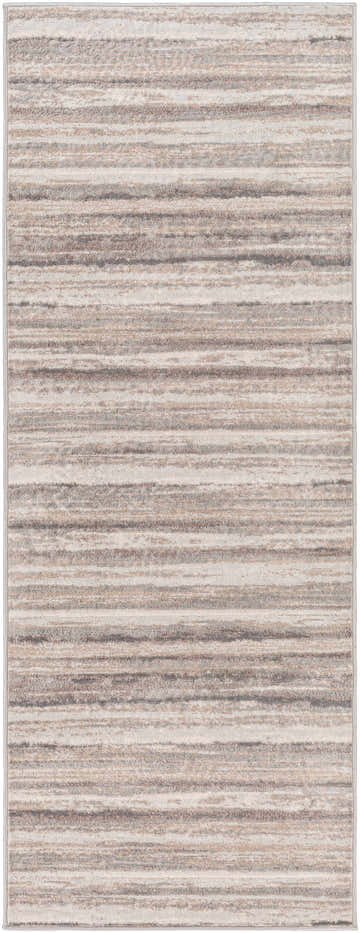 Close-up of Fombell Abstract Striped Area Rug. Charcoal, gray, tan, and white stripes create a contemporary design. Design-Runner-2773