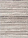 Close-up of the Fombell Abstract Striped Area Rug. Charcoal, gray, tan, and white horizontal stripes create a contemporary design. Design-Rectangle-537