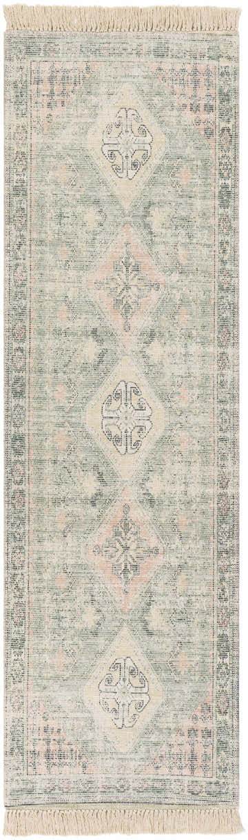Detailed view of the Foraker Sage Green Cotton Rug, featuring a traditional design with sage, pink, and wheat hues. Design-Runner-268
