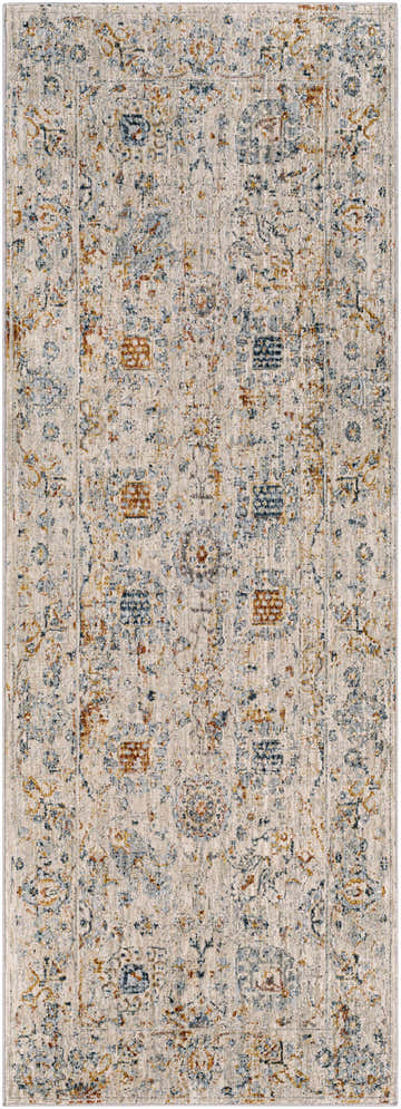 Close-up of Forth Luxe Rug. Cream rug with brick red, dusty sage, and light gray traditional Persian-style pattern. Design-Runner-2773