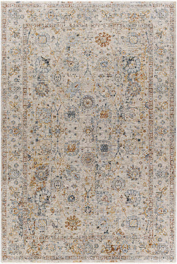 Detailed Forth Luxe Rug close-up. Cream rug with brick red, mustard, gray, and teal Persian-style pattern. Design-Rectangle-6796