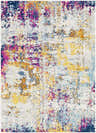 Close-up of the Fowlmere Area Rug, a colorful contemporary rug with aqua, pink, saffron, and burnt orange hues. Design-Rectangle-5373