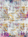 Close-up of the Fowlmere Area Rug featuring an abstract design in aqua, orange, pink, blue, saffron, and off-white. Design-Rectangle-710103