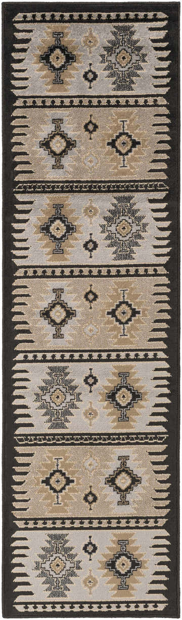 Close-up of the Foxburg Area Rug; a runner with a Southwestern-inspired geometric pattern in charcoal, gray, beige, and tan. Design-Runner