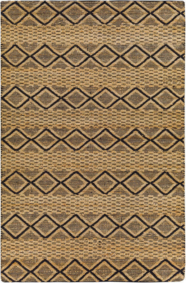 Close-up of the Foxrock Jute Carpet. Tan jute rug with a bold black geometric diamond pattern. Hand woven texture. Design-Rectangle-576