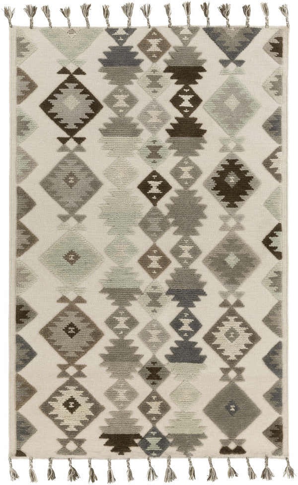 Hand woven Foyil Carpet with diamond pattern in black, charcoal, gray, and oatmeal with tassels. 100% wool rug. Design-Rectangle-576