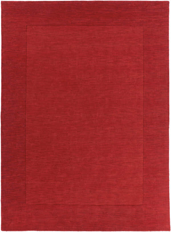 Close-up of a solid red, hand-loomed, 100% wool, Bordered Solid Red Wool Rug showing texture and border detail. Design-Rectangle-811